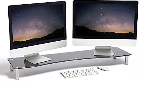 VonHaus Black Glass Monitor Stand for Desks, Height Adjustable Dual Screen Riser, 100x26cm Tempered Glass Monitor Stand w/Aluminium Legs, 20Kg Capacity