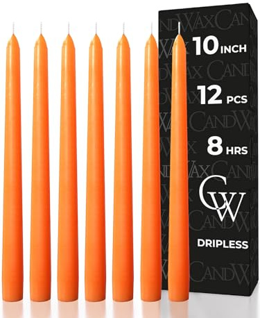 CANDWAX 10 inch Taper Candles - Set of 12 - Halloween, Gothic Decor - Long Burning, Dripless, Unscented - Orange