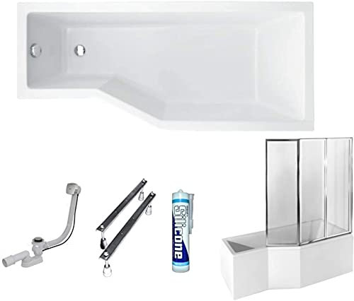 ECOLAM Baignoire d'angle en acrylique Integra 150x75 cm droite, blanc, habillage en acrylique, paroi en verre, siphon et silicone