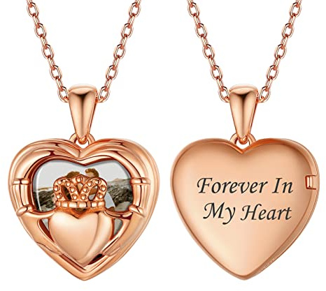 Silvora Individueller Foto Anhänger Halskette Bild Anhänger zum Öffnen mit Medallion aus S925 Silber in Herzform/Herzförmiger Lebensbaum/Keltischer Knoten in Weißgold/Gold/Rosegold mit 41/46/56cm+5cm Kette