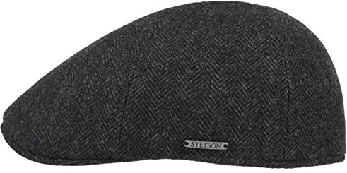 Stetson Texas Wool Herringbone Cap Flatcap Schirmmütze Mütze Gatsbymütze Wollcap Herren - Wintercap mit Schirm, Futter Winter Herbst-Winter - XL (60-61 cm) schwarz-grau