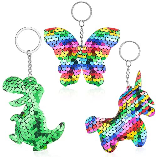 Yaomiao 3 Reversible Pailletten Schlüsselanhänger - Einhorn, Schmetterling, Dinosaurier Anhänger Schlüsselring - Kawaii Schlüsselbund Party Mitgebsel für Mädchen, Kinder Taschen Deko