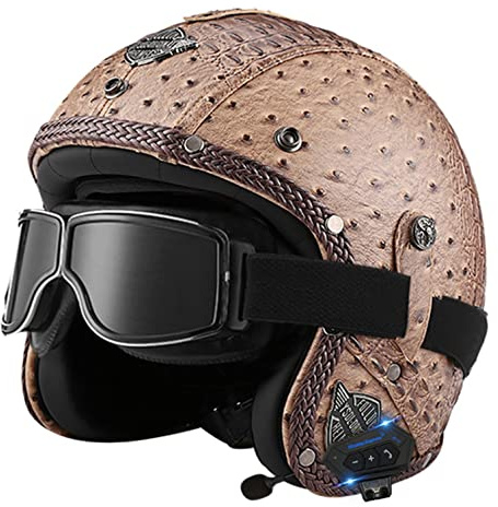 Bluetooth Motorradhelm Mit ECE, Jethelm Retro Halbschalen Mit Schutzbrille, Chopper Scooter Mit Sonnenblende, Herausnehmbares Futter L,XXL