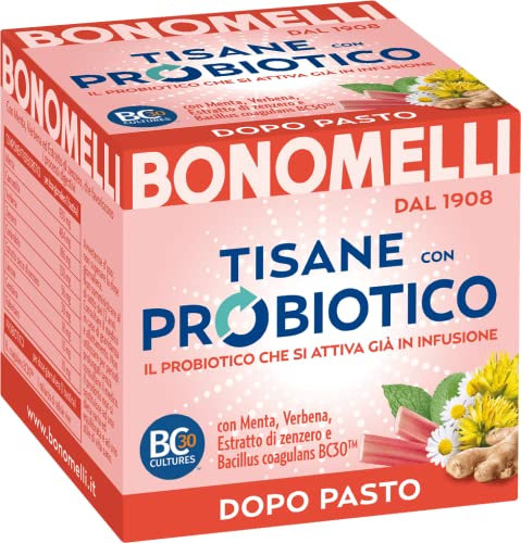 Bonomelli Tisana Probiotica Dopo Pasto, Confezione da 10 Filtri, con Menta, Verbena ed Estratto di Zenzero, Integratore Alimentare, Favorisce i Processi Digestivi (20g)