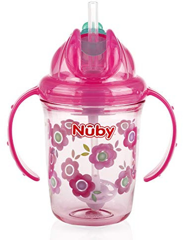Nuby Tritan Trinkbecher mit zwei Griffen, kein Verschütten, mit 360 Grad beschwertem Strohhalm, Rosa, Blumen