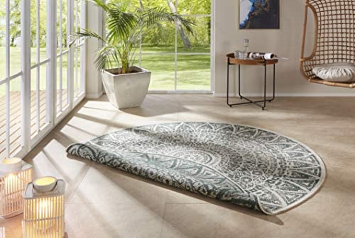 freundin Home Collection Lilja Flachgewebe In- und Outdoor Wendeteppich Wetterfest Modernes Mandala Design Teppich für Balkon Terrasse Garten Wintergarten Wohnzimmerteppich Wasserfest, Ø 100 cm