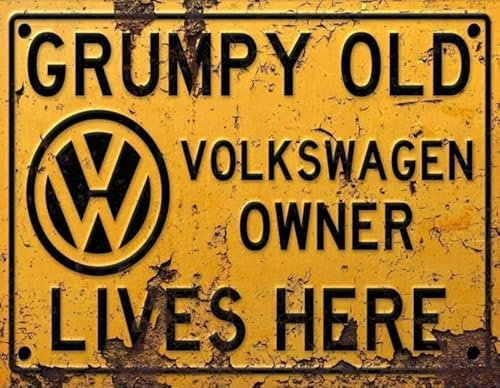 BigBazza Vintage Rustic Advertising Retro Wall Tin Plaque 20x15cm - Pub Shed Bar Man Cave Home Garage Kitchen Gift Metal Sign - Grumpy Old inspired VOLKSWAGEN VW Owner Lives Here, yellow