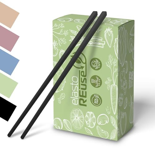 elastoREuse - Essstäbchen spülmaschinenfest aus BPA freiem Kunststoff im 2er Set - Chopsticks to go 25cm für asiatische Speisen wie Sushi, Dumplings, Fried Rice etc. - Stäbchen zum essen (schwarz)