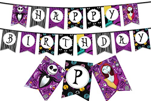 TTBDKKDM Nightmare Theme Before Christmas Jack Skellington Sally Themed Kids Adults Birthday Banner 5.6ft to 6.4ft Purple Letter Print Standard Banner for Indoor Outdoor Decor