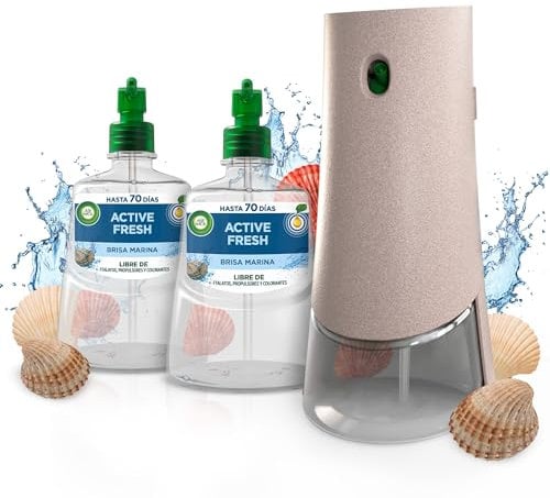 Air Wick Active Fresh Spray Automático Sin Aerosol, Ambientador Hogar Fragancia Brisa Marina, 1 Aparato, 2 Recambios, Neutralizador de Olores, Hasta 70 Días de Frescor