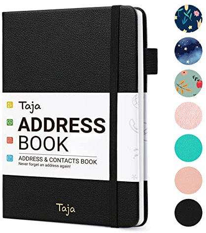 Taja Adressbuch mit alphabetischen Registern, Hardcover-Adressbuch, Großdruck für Kontaktaufnahmen, kleines Adressbuch zum Aufbewahren all Ihrer wichtigen Informationen an einem Ort - Schwarz
