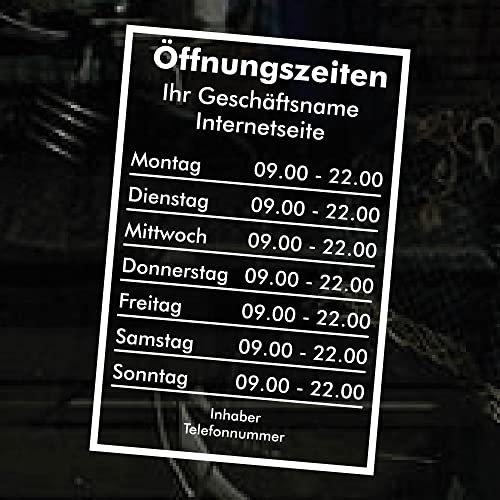 Öffnungszeiten Aufkleber - weiß - mit Rahmen - Schaufensterbeschriftung für Werbung Laden Geschäft - Bistro Scheibe