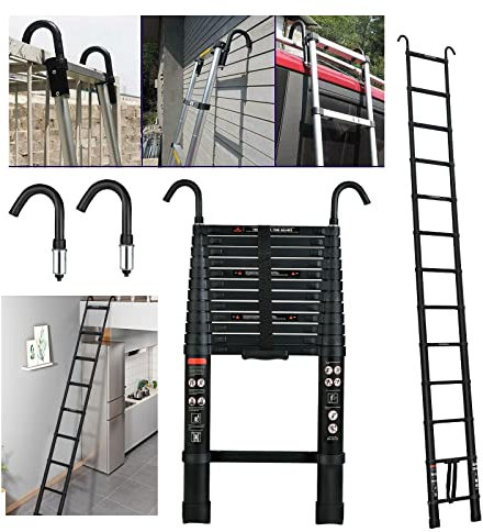3.8M/12.5FT Telescopic Ladder Aluminum Lightweight Multi-Purpose Ladders with 2 Detachable Hooks, Folding Extendable Loft Ladder portable Adjustable, 150kg Capacity