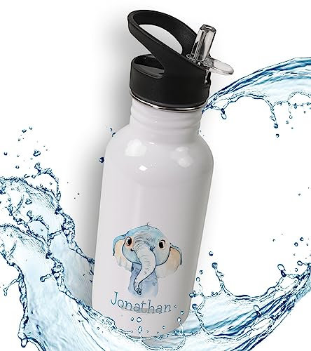 timalo® Trinkflasche für Kinder personalisiert mit Namen | auslaufsichere Edelstahl Sportflasche Kindergarten mit Tieren Geschenk für Jungen und Mädchen 400mL | 03-Elefant