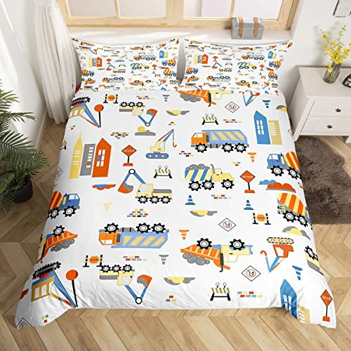 Homewish Kinder Fahrzeuge Bettbezug Zement Mixer Kran Bettwäsche Set 135x200, Bagger Dump Truck Tröster Abdeckung, Kawaii Big Wheel Auto Bett Set, Stadtbild Hand Gezeichnet Schlafzimmer Dekor