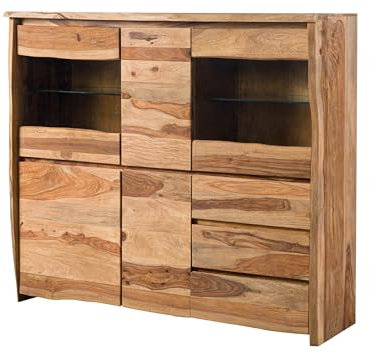 MASSIVMOEBEL24.DE | Pure Sheesham Highboard aus Massivholz #200 | aus Sheeshamholz - Natur, lackiert/sandgestrahlt | 166x48x145 cm | 10 Fächer & 3 Schubladen | Hochkommode, Hochschrank