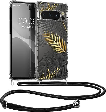 kwmobile Necklace Case kompatibel mit Google Pixel 8 Pro Hülle - Silikon Cover mit Handykette - Gelb Grau Transparent Dschungel