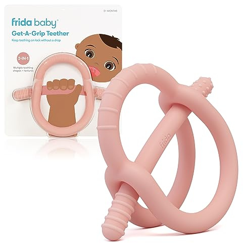 Frida Baby Get-A-Grip Silicone Teether for Teething Pain Relief, BPA-Free Food-Grade Teething Toys for Infant Baby Newborn 0-6, 12, 18 Months, Easy-Grip Teether Ring, PVC-Free, Pink