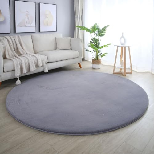 HomebyHome Hochflor Teppich Rund 160 cm Grau Shaggy Modern Flauschig Weich Fellteppich Kunstfell Einfarbig für Wohnzimmer Schlafzimmer Esszimmer