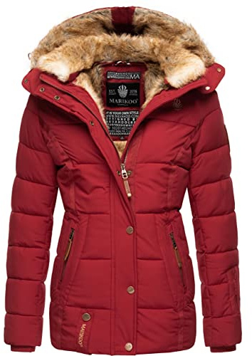 MARIKOO Damen Winterjacke warme Steppjacke mit Kunstfell Innenfutter Nekoo Dark Red Gr. M