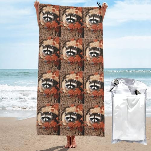 OPSREY Waschbär im Herbst Baumloch gedruckt Mikrofaser Badetuch Schnell Trocknendes Strandtuch Saugfähig Gym Handtuch mit Tragetasche