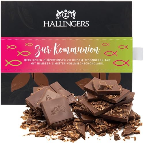 Hallingers Genuss Manufaktur Schokolade Glückwunsch-Geschenk - Tafel handgeschöpften Edelkakaos ohne Alkohol edler Karton Zur Kommunion Himbeer-Limette, Geschenkidee für Jungs Mädchen