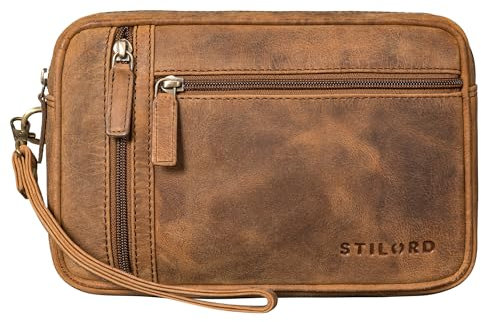 STILORD 'Sunny' Wrist Bag Men Genuine Leather Clutch with Strap Handbag for Tablet 8.4 Inches Mens Travel Document Wallet, Colour:Sepia - Brown