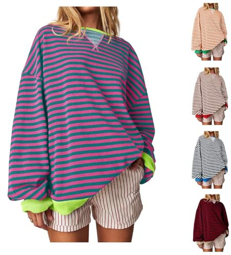Women Oversized Striped Color Block Long Sleeve Crew Neck Sweatshirt Red and White Striped T Shirt Casual Loose Pullover Y2k Shirt Top Long Sleeve Tops Women's Sweatshirts Sales Ladies Sweatshirts