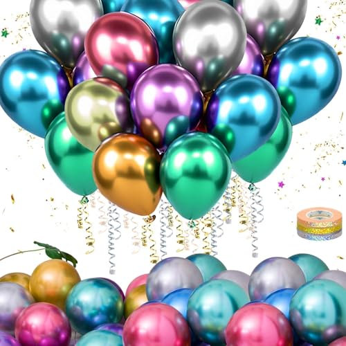 Mbsomnus 60 Piezas Globos de Cumpleaños Colorido con 3 Rollos de Cintas de Colores 12 Pulgadas Globos de Látex Globo de Metal para Boda Graduación Arco Decoración Fiesta Bautizo