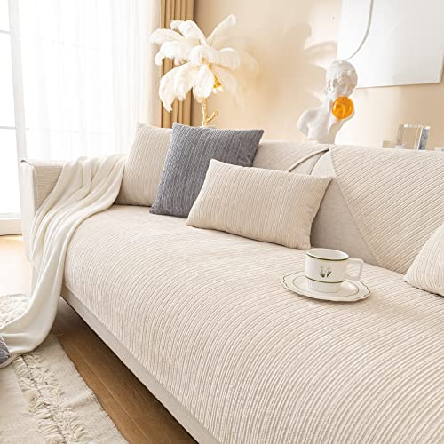 Weiche Chenille Rutschfest Sofa überzug 2 3 4 Sitzer (Beige Weiß, 90x240cm) | Couch überzug Waschbar, Sofa Cover für Sektionssofa, Hund Sofabezug, Sofa überzug L Form, Ledersofaschoner für das Wohnzimmer