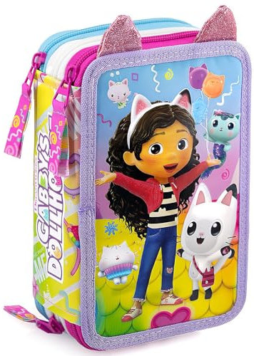 Clondo Mädchen 3-Fach Federmäppchen – 45-teilig, komplett gefüllt – mit Schere, Kleber, Buntstiften & Filzstiften für Gabby’s Dollhouse Fan – Rosa – Ideal für die Schule & Geschenk