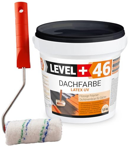 LEVEL PLUS Colore tetto, 1,5 kg, rosso mattone, colore base, vernice per tetto, ristrutturazione del tetto, membrana polimerica flessibile, resistente alle intemperie + rullo da 10 cm, in microfibra
