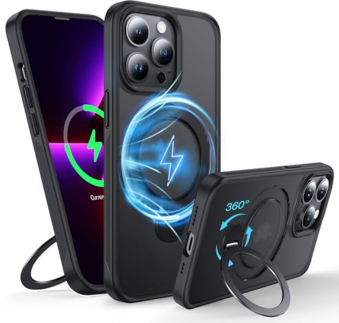 FNDMIL 360°Drehbarer Magnetisch für iPhone 13 Pro Hülle mit MagSafe [Rutschfester Textur][Unsichtbarer Ständer][Militär Schutz]Translucent Matt Hardcase mit Silikon für iPhone 13 Pro Case Dünn,Schwarz