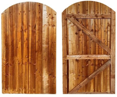 BEDS PLANET Feather Edge Dome Flat Top Gate, Wooden Pressure Treated, Semi-Braced Strong Garden Gate, Timber Gate For Garden (180cm High x 60cm Wide x 6cm Deep)
