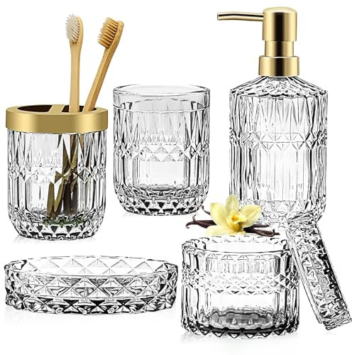 Glass Bathroom Accessories Set,5Pcs Clear Bathroom Accessories of Lotion Dispenser,Soap Dish,Toothbrush Holder,Tumbler,Cotton Swab Jars,Crystal Gift