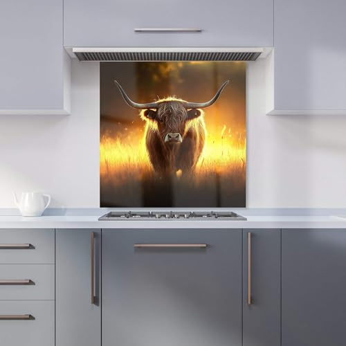 Warren Reed - Designer Premium Highland Cow Sunset Kitchen Splashback 6mm Toughened Glass Kitchen Splashback – Heat Resistant Splashback for Kitchens, Perfect for Cookers and Hobs, Polished Edges