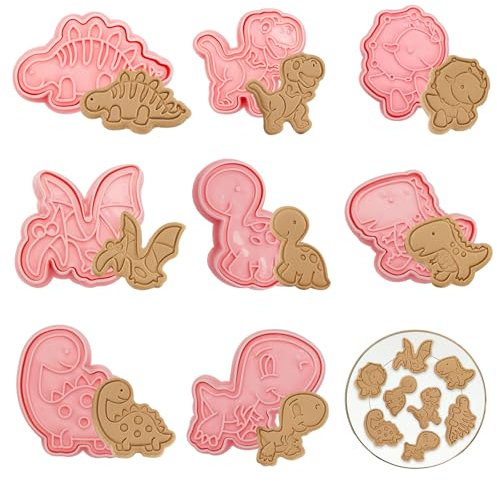 8 Piezas Moldes Galletas Dinosaurios, Moldes Galletas Infantiles, Moldes para Galletas 3D, Plástico Molde de Galletas de Dinosaurio, Cortador Galletas para Fondant, Donuts, Decoración de Tartas
