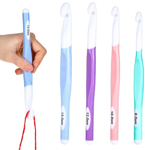 Ptwola 4 Pcs Large Size Crochet Hooks 8mm 10mm 12mm 15mm Rubber Handle Crochet Needles Set Plastic Chunky Yarn Weaving Knitting Ergonomic Hook Tool for Blankets Shawl Carpet DIY Craft Scarf