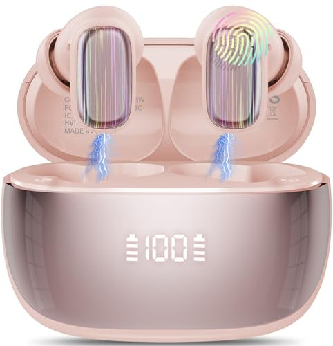 Cuffie Bluetooth 5.4, 2025 Mini Auricolari Bluetooth in Ear con ENC Mic, 40 Ore Mini Cuffie Wireless In Ear Stereo, IP7 Impermeabile Cuffiette Wirelesss, Cuffie Senza fili per iOS Android Oro Rosa