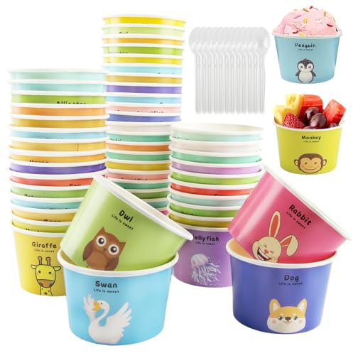 shallyong Eisbecher Pappe, 50 Stück Eisbecher Set mit 50 Stück Löffel, 25 Tierformen, Pappbecher Bunt, Dessertbecher, Pappschalen, für EIS, Dessert, Gefrorenen Joghurt