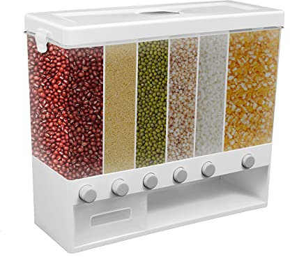 6-in-1 Müslispender, Wandmontiert Cerealienspender Gut versiegelt aus lebensmittelechtem PP, Getreidespender Set mit Insektensichere Box und Reis Pickup Box für Lagerung Von Getreide Mungobohnen
