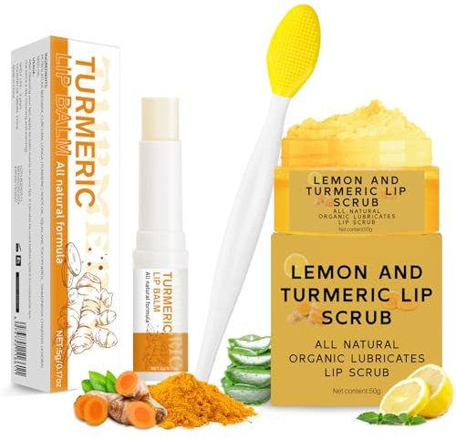 MUREND Turmeric Lip Balm (Pack of 3) and Lip Scrub with Turmeric and Lemon (3 Pieces) with Brush, Treatment for Dark Lips (for Smokers), Natural and Moisturising Exfoliating for