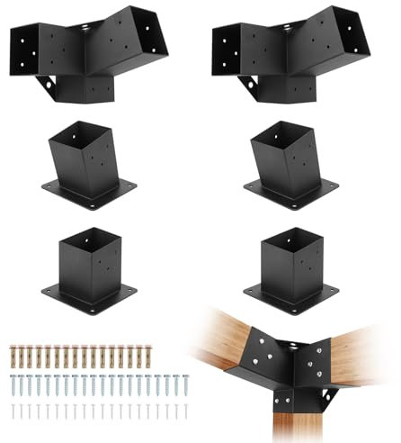 GarveeHome 6 Stück Pergola Kit, 15° 3-Wege schräge Pergola Halterung Set, Dach Wandhalterung abgewinkelt 4x4 Holzpfostenhalterung, Outdoor Pavillon Hardware für Holzbalken, Zaun und Carport, Schwarz
