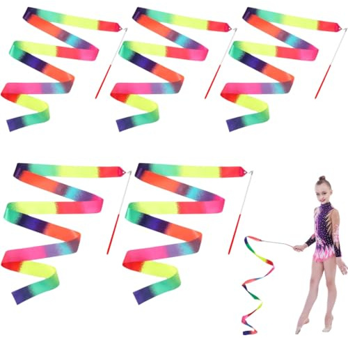 LAJUP Nastri Da Ballo, Nastri Per Danza Ritmica, Con Bacchetta A Nastro, Per Bambini, Per Balli Artistici, Ginnastica, Spettacoli Di Carnevale, 5 Pcs.
