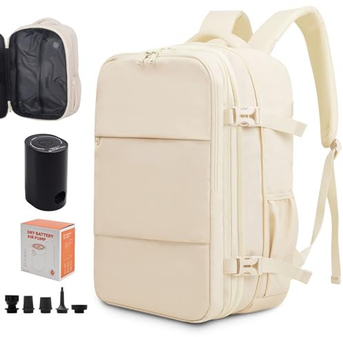 KINGSLONG Vakuum Reise Damen Rucksack: Handgepäck Flugzeug Reiserucksack 17.3 Zoll Laptop Bag Wasserdicht Backpack 33L Groß Tasche mit Pumpe Kabinenrucksack Travel Business Hiking Outdoor Herren Beige
