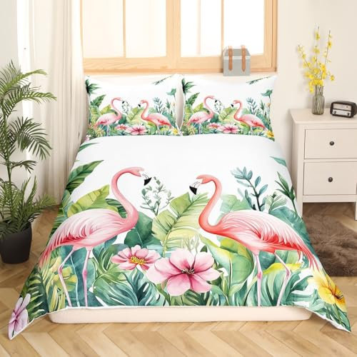 Homemissing Flamant Rose Housse de Couette 240x260cm Deco Feuilles de Palmier Tropicales Plantes Parure de Lit Chambre Enfants Bébé Décoration Ensemble de literie Microfibre avec Fermeture éclair