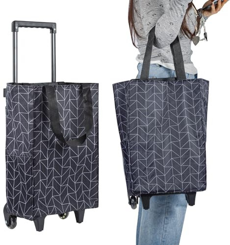 CROWNSHOP Trolley Bags Shopping Trolley on Wheels Foldable with Telescopic Handle Reusable Water Proof Trolley Bag Shopping Trolleys Suitable for Shopping Supermarkets and Travel Black