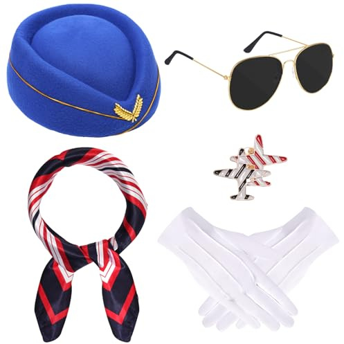 baotongle 6pcs Halloween Women Flight Attendant Costume Accessories Stewardess Outfits Hat Scarf Sunglasses Gloves(Blue)