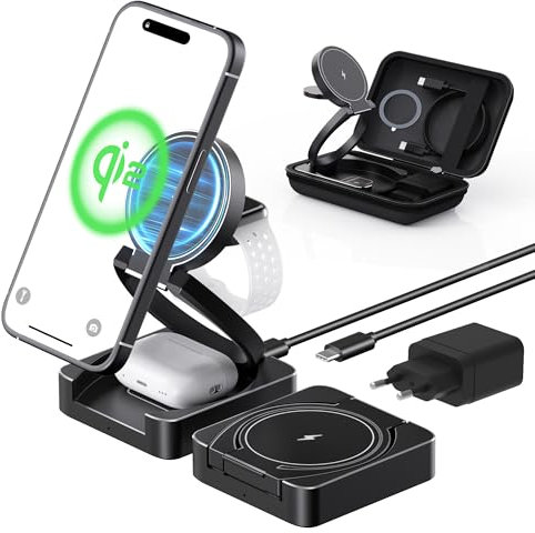 Stazione di ricarica pieghevole Qi2 per Apple, 15 W, ricarica rapida 3 in 1, pad di ricarica portatile per iPhone 17/16/15/14/13/12, iWatch Ultra 2/9/8/7 e AirPods, custodia da viaggio inclusa