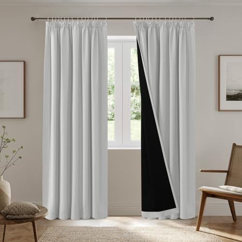 BellaHills 100% Verdunklungsvorhänge mit Kräuselband Modern Gardinen Abdunkelnde Vorhänge Wohnzimmer Schlafzimmer Fenster Gardine Verdunkelung Thermovorhang, 2er Set H240 x B140 cm, Grau-weiß